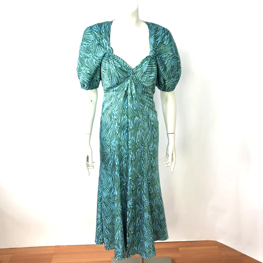 Cinq a Sept 4 Polyester Zip Open Front Mermaid Puff Sleeve Dress Blue Green